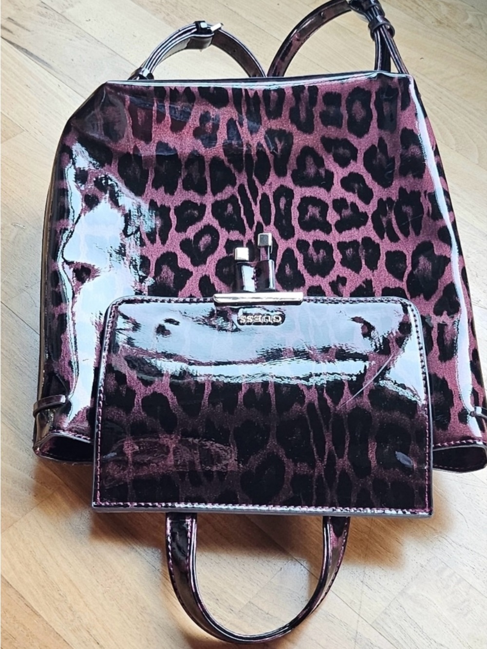 NWT - GUESS “Varsity Pop Leopard Print” Backpack (Burgundy/Black) High-Gloss